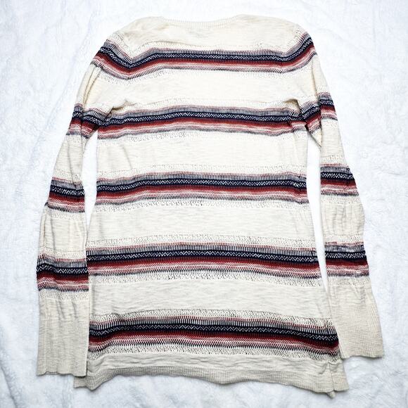 EDDIE BAUER Cream Red Blue Stripe Cotton Long Cardigan Boho Sweater sz Medium - Picture 4 of 7